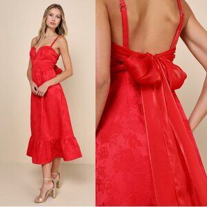 Lulu's Major Perfection Red Floral Jacquard Midi Dress with Pockets M Bridesmaid